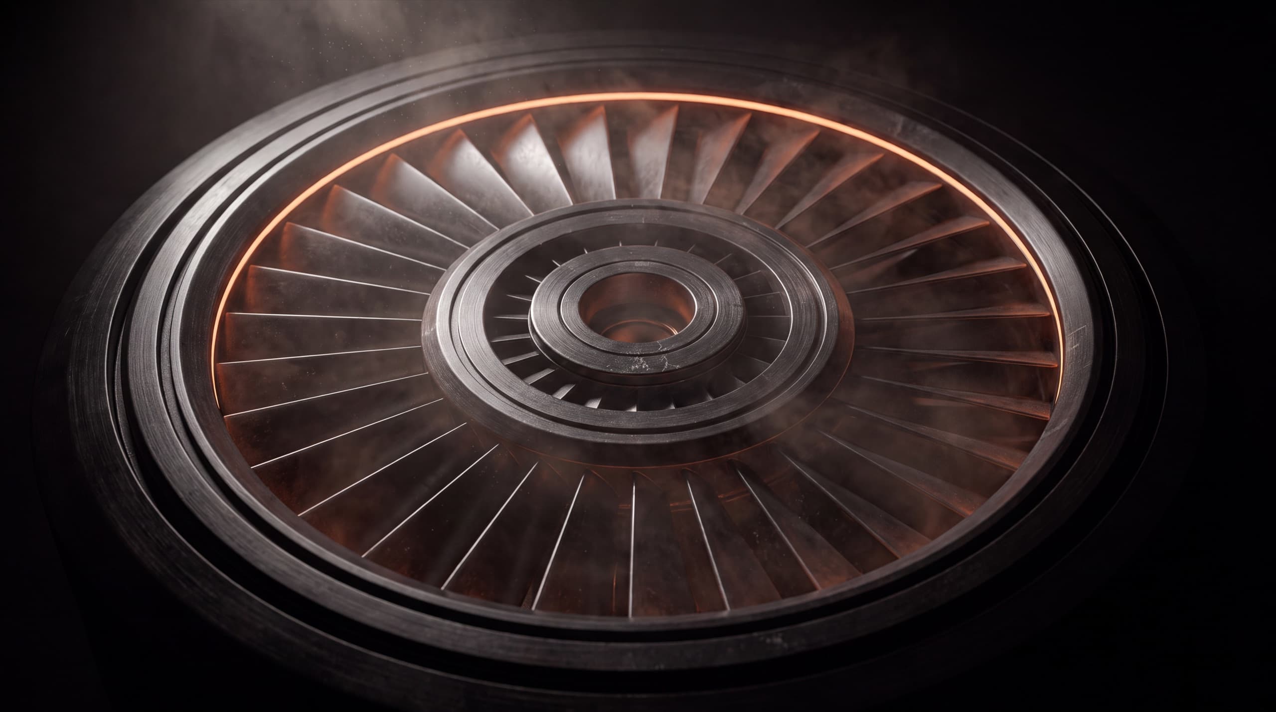 Close view of a precision-machined turbine aperture lit from within.